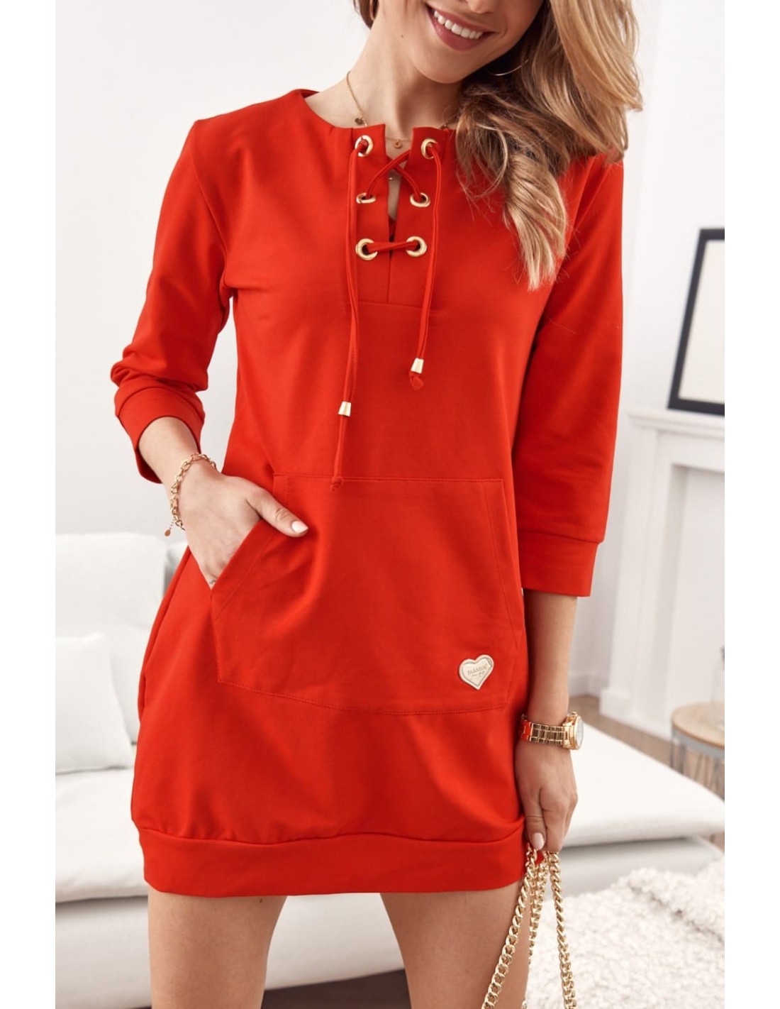 Dress/tunic with a tied neckline red FI600 - Online store - Boutique